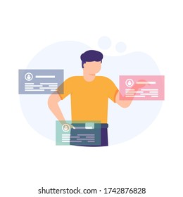 illustration of the concept of recruiting or selecting employees. a man sees and chooses the best job application data for a company. flat design. can be used for elements, landing pages, web sites.