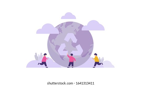 illustration, concept of recycling, symbol of recycling, ecology, earth day, children are learning about recycling. earth, plants, people. Can be used for, landing pages, templates, UI, web.