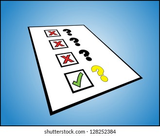 Illustration concept for Right or Correct or Great Question or to do List - A 3D perspective view of 3 questions with wrong tick mark against it and right tick against the right questiion