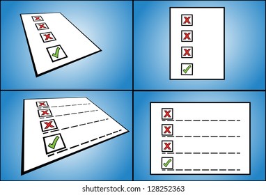 Illustration concept for Right and Wrong - four different (normal and perspective) views of 3 wrong tick box options with one right tick box option