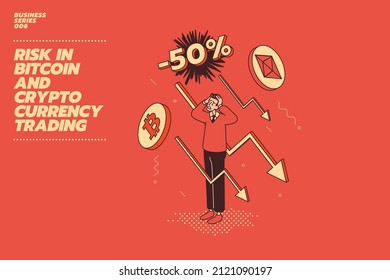 Illustration concept of Risk in Cryptocurrency trading. Despair young man with hands on the head in front of down stock Bitcoin graph market.