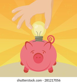 Illustration of the concept of saving an idea on a piggy. The grunge texture is removable from the background.