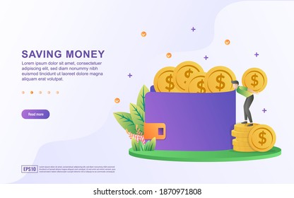 Illustration concept of saving money by storing in a large wallet.