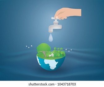 Illustration of the concept of saving water slightly droplets on areas with deer and green trees in the earth,paper craft style