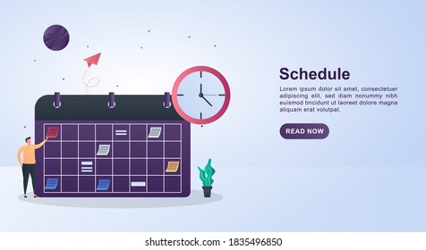 Ilustración del concepto de horario con un gran reloj de calendario y de pared.