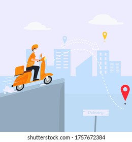 Illustration of concept of sending without contact. Vector humans wearing masks. protective box with plunge scooters for special package delivery.