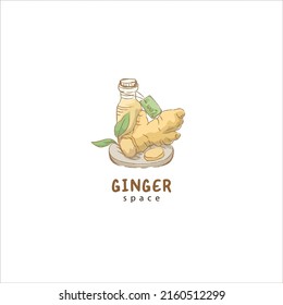 The illustration concept of serving ginger spice ingredients with a combination of bottles behind it and a leaf icon as part of the aesthetics. Can be used for a product logo or brand logo etc