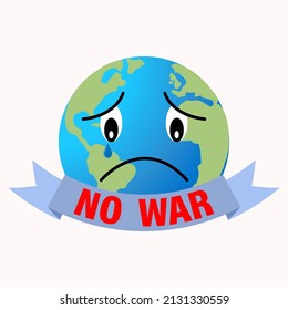 Illustration of the concept of "Stop the war". The planet is crying on a white background. The tape says "no to war"