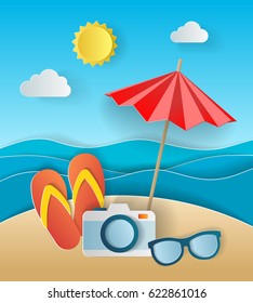 Illustration concept of summer holiday, flipflops on sandy beach, solar umbrella, camera and sea or ocean. Design by origami paper art and craft style