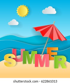 Illustration Concept Of Summer Holiday, Solar Umbrella On Sandy Beach, Sea Or Ocean And Colorful Letters By Origami Paper Art And Craft Style.