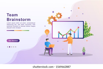 Illustration concept of Team brainstorm. Business team work, the team discuss to solve problems, find solutions for business. Flat design for landing page, banner, web, template, marketing.