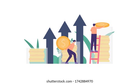 illustration of the concept of teamwork, business finance, increased revenue. a team working together to raise money. flat design. can be used for elements, landing pages, web sites, UI.