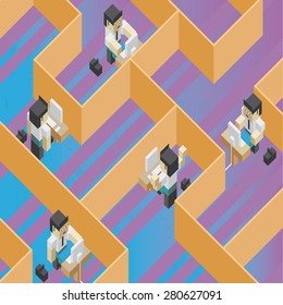 Illustration of the concept of a teamwork in a labyrinth, in isometric old video game style. The grunge texture is removable from the background.