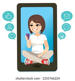 Illustration concept of teenager girl using smartphone on social media icon