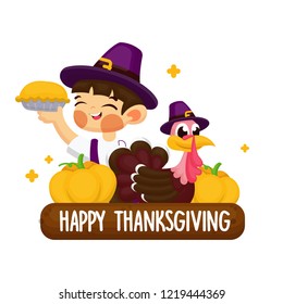 Illustration concept of thanksgiving card with turkey and boy character with hat