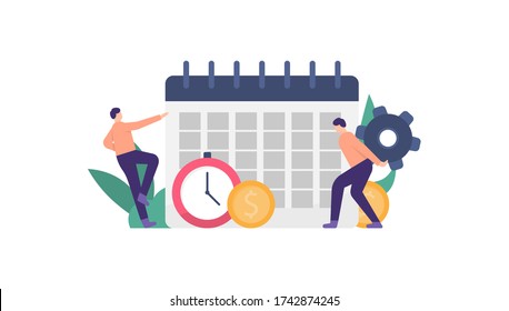 illustration of the concept of time management, deadlines, time is money. a team works together to be on time, according to the schedule and time that has been planned or determined. flat design