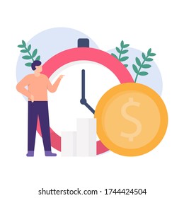 illustration of the concept of time management, deadlines, time is money, and on time. a man is standing next to a clock and coin. flat design. can be used for elements, landing pages, web sites