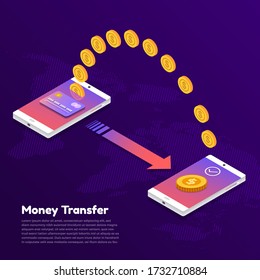 Illustration concept transfer money. Two smartphones transferring money to each other. Vector illustrate.