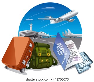 illustration of concept travel by the airplane, luggage in airport and passport with tickets