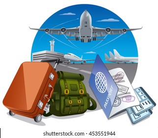illustration of concept travel by the airplane, luggage in airport and passport