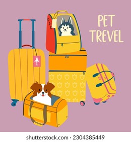 Ilustración del concepto de viajar con mascotas. Transporte de mascotas. equipaje y bolsas para animales.