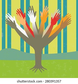 Illustration of the concept of a tree of hands of diversity, or the evolution of mankind. The texture is removable from the background.