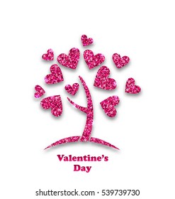 Illustration Concept of Tree with Shimmering Heart Leaves for Valentines Day. Glitter Postcard - Vector