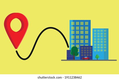 illustration concept urban landscape, the pointer of the location of the company, the business center