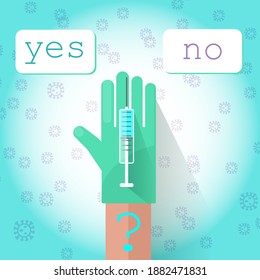 Illustration concept. Vaccination against coronavirus COVID-19. A hand in a medical glove holds a syringe with a vaccine. Vector illustration. Eps 10