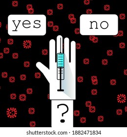 Illustration concept. Vaccination against coronavirus COVID-19. A hand in a medical glove holds a syringe with a vaccine. Vector illustration. Eps 10