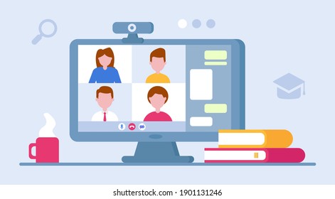 Illustration concept for videoconference and video tutorial. Online education. E-learning. Can be used on websites and mobile applications. Student in the learning process. Online work. Online courses