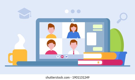 Illustration concept for videoconference and video tutorial. Online education. E-learning. Can be used on websites and mobile applications. Student in the learning process. Online work. Online courses