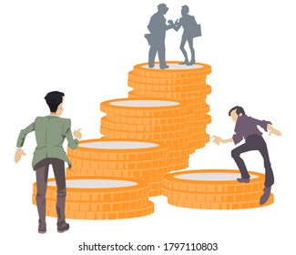 Illustration concept for website and mobile website development. Thirst profit. Desire for money. Ladder made of coins. Funny people. Stock illustration. 
