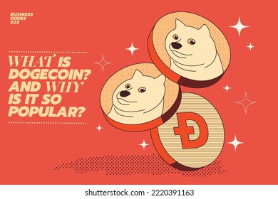 Illustration concept of Why DOGECOIN is so Popular? Dogecoin or DOGE cryptocurrency isolated on solid color background, Face of the Shiba Inu dog on coin, Symbol digital currency, Vector illustration svg