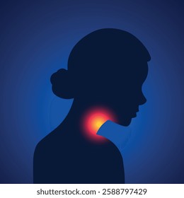  illustration concept of a woman's silhouette with a sore throat with pain points using neon style effect