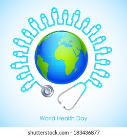 illustration of concept for World Health Day human icon stehescope around Earth