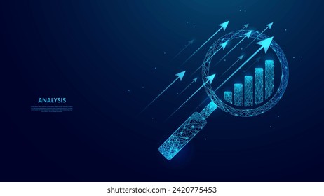 Illustration of the concepts of data analysis, financial analysis and business analysis. Abstract design of magnifying glass, growing bar graph and upward arrow in blue low poly style.