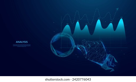 Illustration of the concepts of data analysis, financial analysis and business analysis. Magnifying glass abstract design, growing data in blue low poly style.