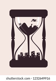 Illustration of a Conceptual Hour Glass from Past to Future with Dinosaurs on Top to City Below