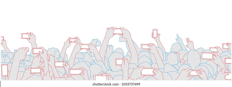 Illustration of concert audience cheering and recording with phones at live festival party performance