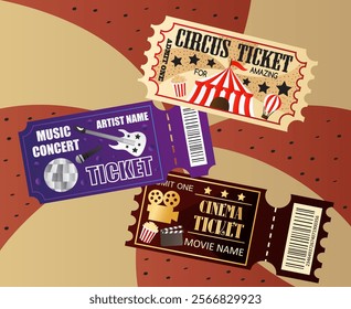 Illustration of a concert, cinema and circus tickets on a pale yellow background.