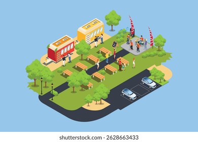 Illustration of concert musicians in a park with food tents, camping ground and large parking area. Isometric icon on white isolated background.
