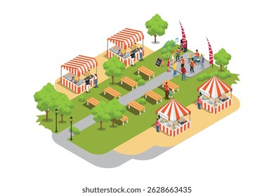 Illustration of concert musicians in a park with food tents, camping ground and large parking area. Isometric icon on white isolated background.