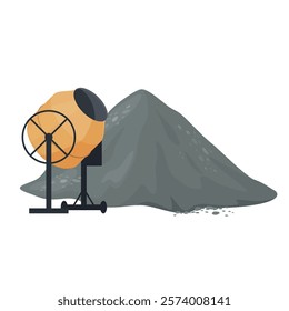 Illustration of concrete mixer with orange drum holding big pile of grey cement isolated on white background perfect for construction and renovation projects.