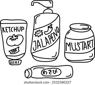 Ilustração de um condimento que consiste de mostarda, jalapeno quente, ketchup e wasabi desenhado à mão.