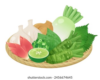 Illustration of condiments arranged in a bamboo colander