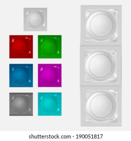 Illustration of condoms. Set of condoms in a color packing. Isolated vector illustrations on white.