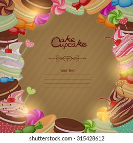 Illustration of confectionery products in the form of frames, cards, menus, stickers, banners. Bakery background frame with sweets, confectionery, sweets, desserts on textured paper background.