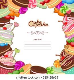 Illustration of confectionery products in the form of frames, cards, menus, stickers, banners. Bakery background frame with sweets, confectionery, sweets, desserts.