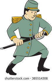 Illustration of a Confederate Army soldier during the American Civil War drawing his sword on isolated background done in cartoon style. 